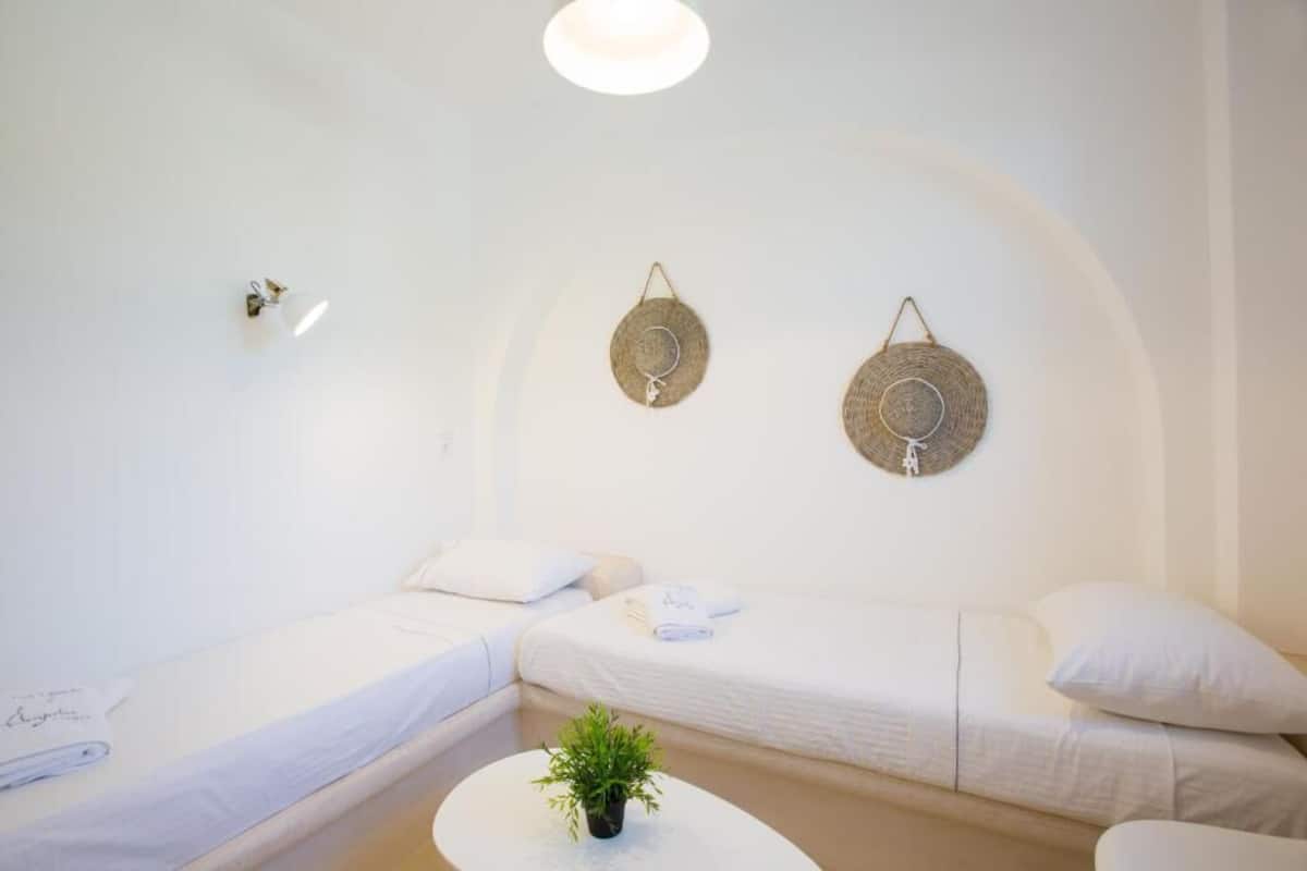 A minimalist room with two beds, a small round table with a plant, and two wall-mounted woven baskets.