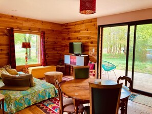 Een televisie, een dvd-speler, boeken en een filmbibliotheek