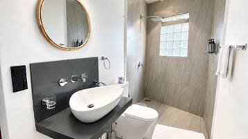 A modern bathroom with a large oval sink, a round mirror, a toilet, and a shower area.