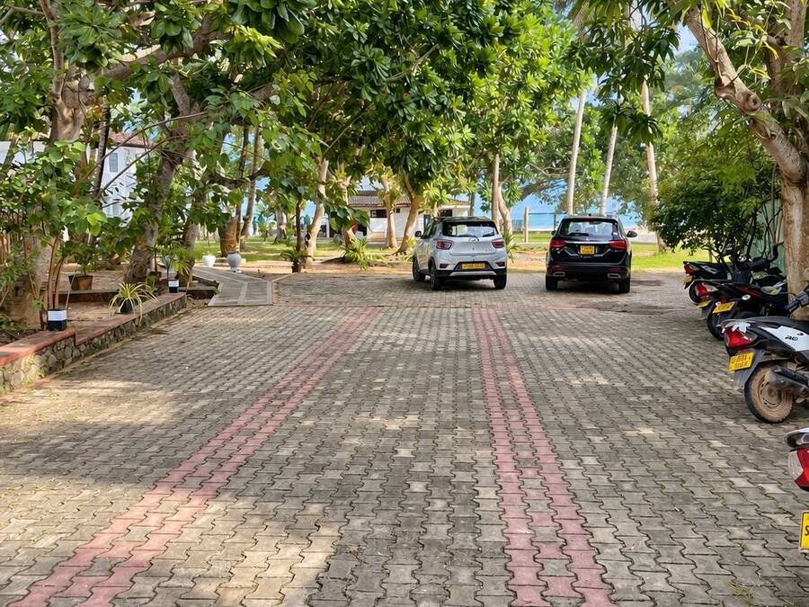 Un sendero pavimentado flanqueado por árboles y vehículos estacionados.
