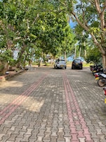 Un sendero pavimentado flanqueado por árboles y vehículos estacionados.
