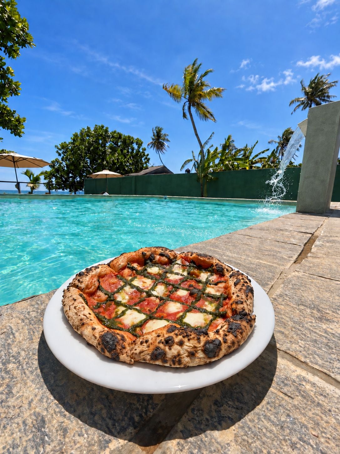 Pizza auf einem weißen Teller, neben einem Pool mit klarem, blauem Wasser und Palmen im Hintergrund.