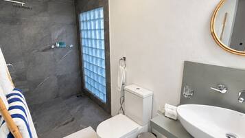 Un baño moderno con ducha, inodoro y lavamanos.
