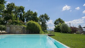 Ein rechteckiger Swimmingpool mit klarem, blauem Wasser, umgeben von einer Steinmauer und üppiger Vegetation.