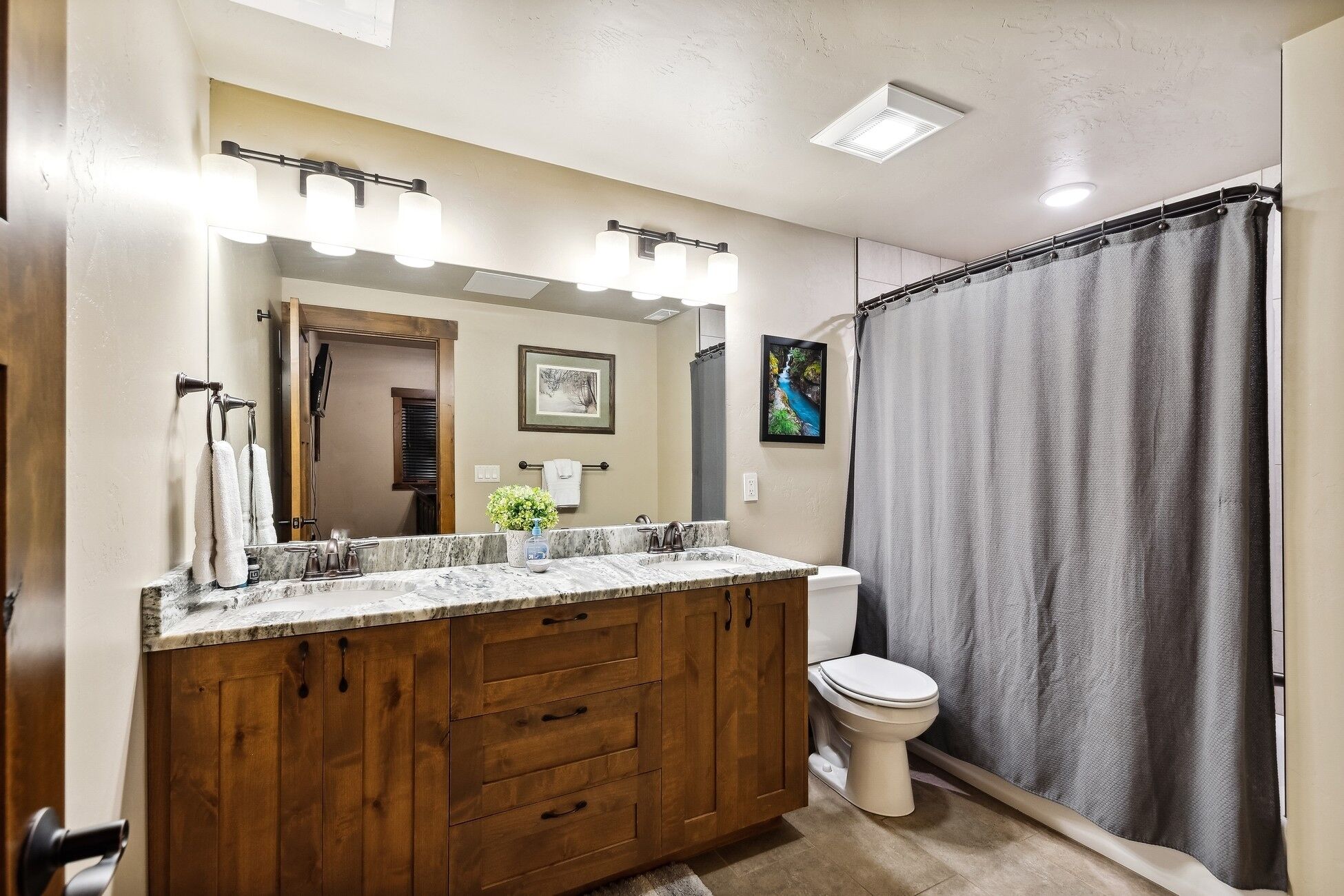A bathroom with a wooden vanity, a white toilet, a shower curtain, and a framed picture on the wall.