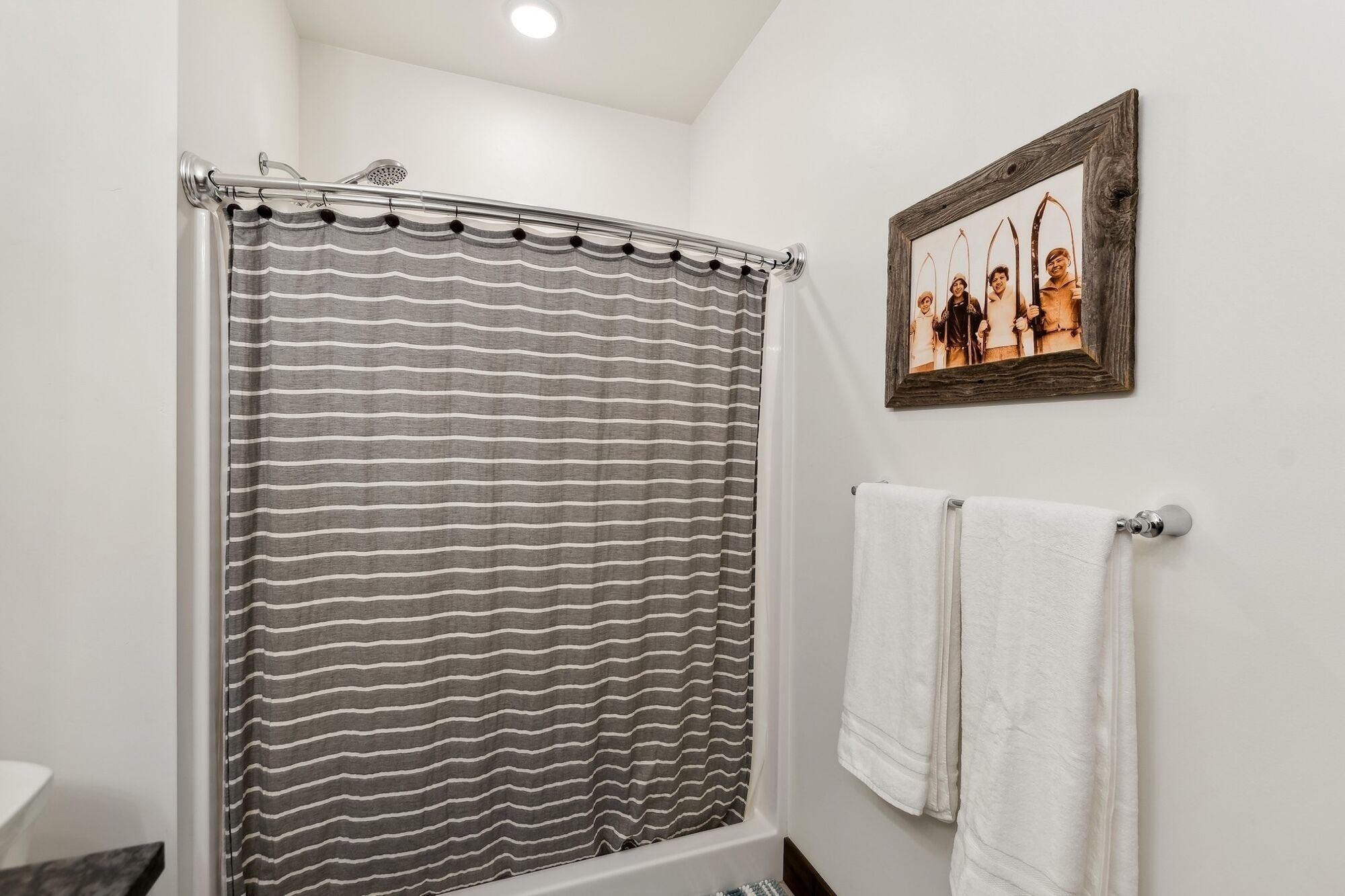 A bathroom with a shower curtain, a towel rack with two towels, and a framed photo on the wall.