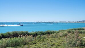 Une vue sur la côte, avec des bateaux amarrés à un quai, un ciel dégagé et une ligne de rivage lointaine.