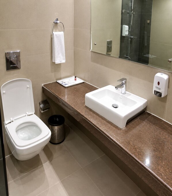 Une salle de bain moderne équipée de toilettes, d’un lavabo et d’un miroir.