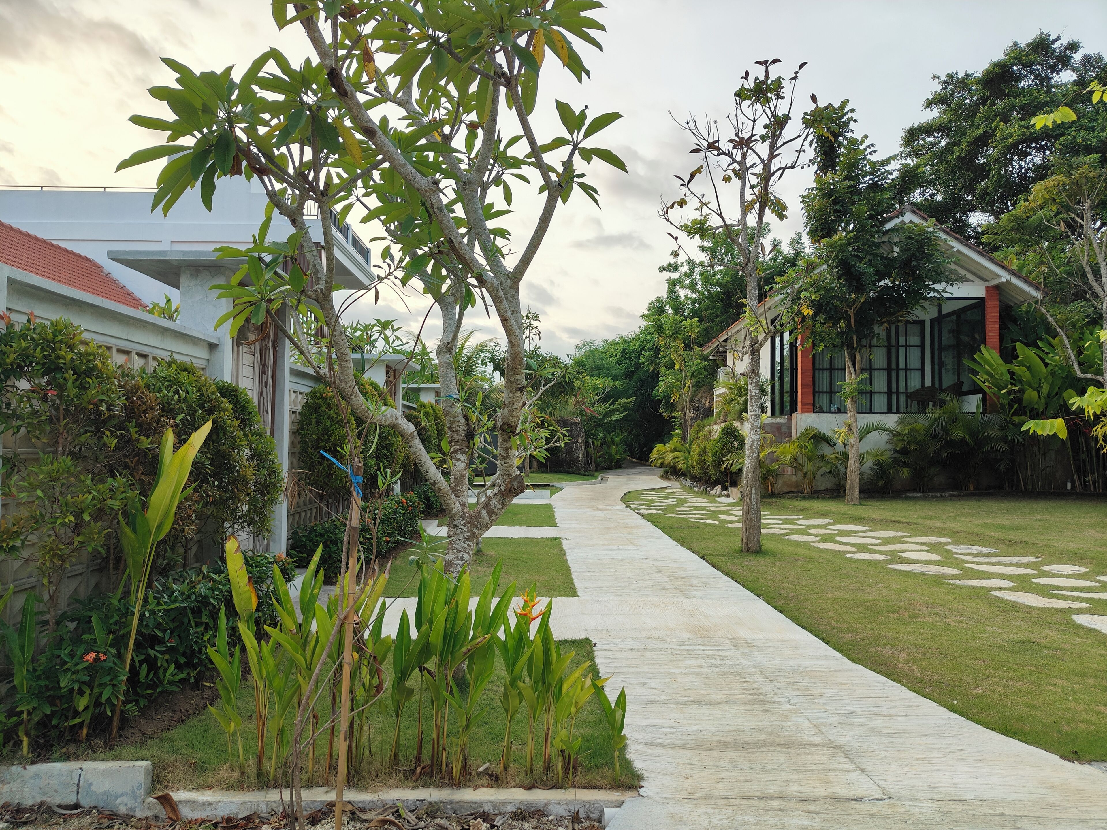 Un sentier traverse un jardin bien entretenu, où l’on trouve une variété de plantes et d’arbres, et il est bordé de bâtiments à l’architecture moderne.