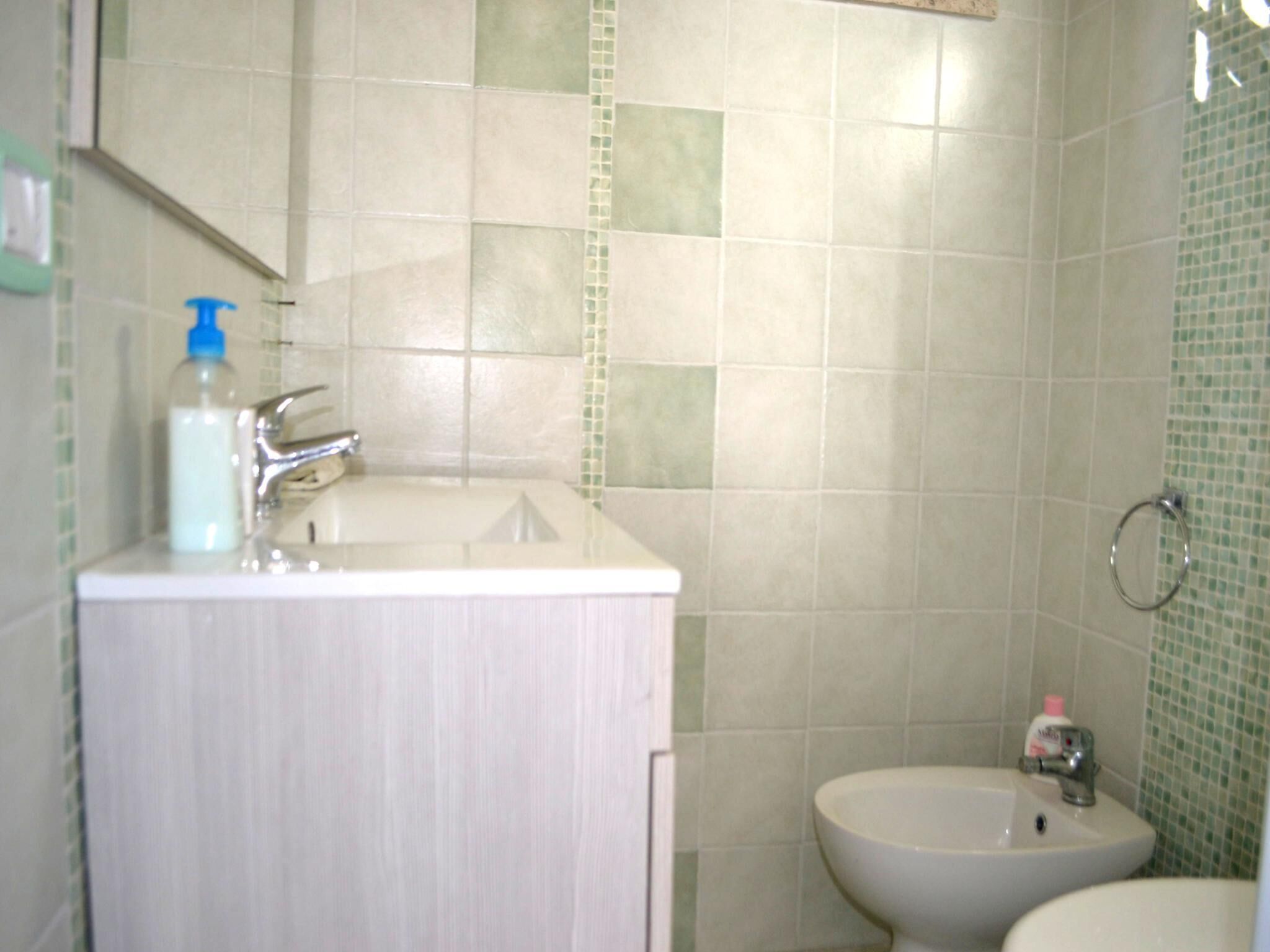 A bathroom with a sink, a bidet, and a mirror.