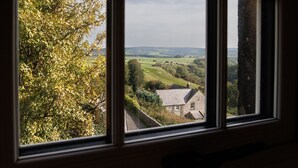 A view through a window of a rural landscape with fields, a stone house, and trees.