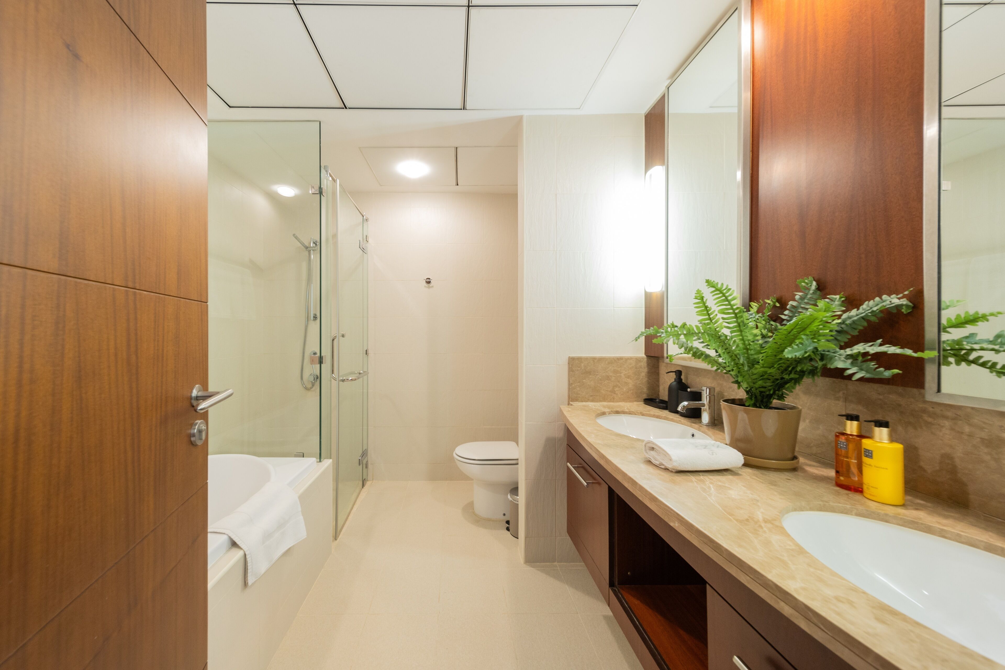 Ein modernes Badezimmer mit Glasdusche, einer weißen Badewanne, einem Waschbecken mit Spiegel und einer Topfpflanze.