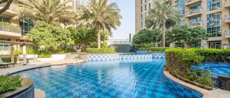Outdoor pool, pool umbrellas, pool loungers