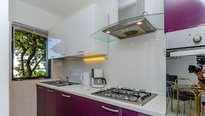 A modern kitchen with a gas stove, a coffee maker, and a window with a view of trees. - House Zdenka (Okrug Donji)
