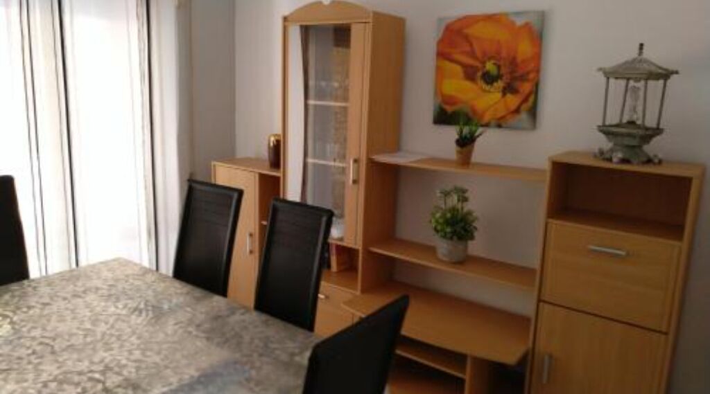 A dining area with a table and chairs, a wooden cabinet, and a shelf with a potted plant.