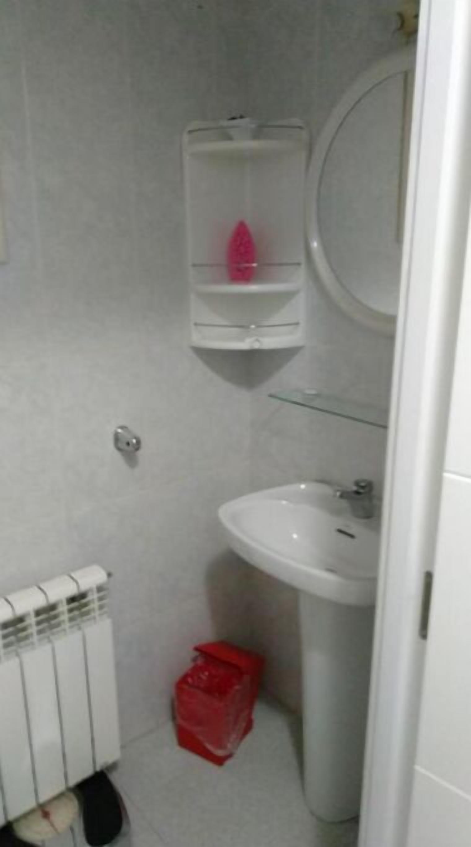 A small bathroom with a white sink, a mirror, and a pink soap dispenser on a shelf.