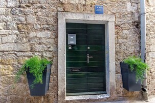 Un bâtiment en pierre avec une porte verte, deux jardinières noires ornées de plantes vertes et une enseigne au-dessus de la porte.