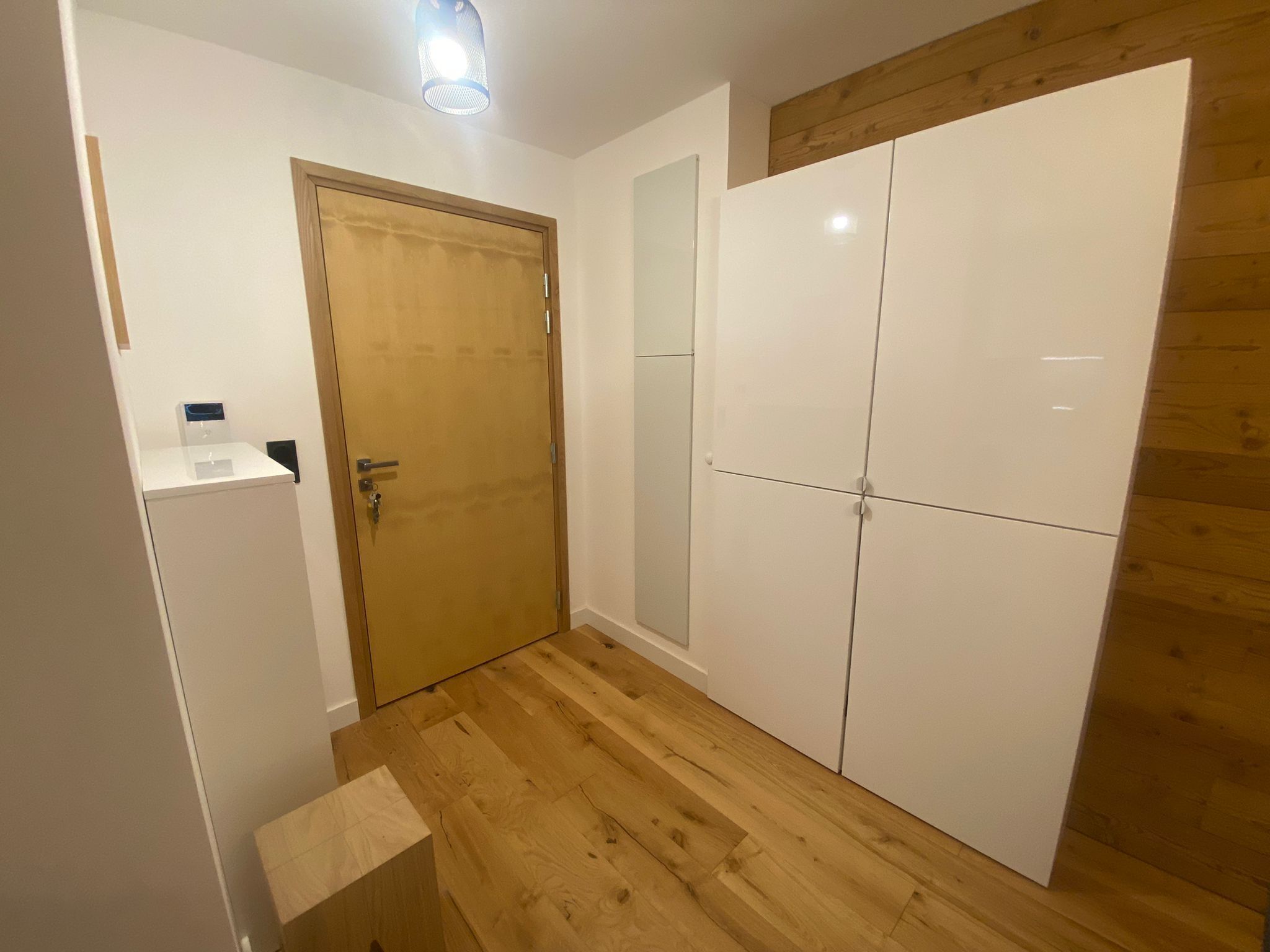 A hallway with a wooden door, a white wardrobe, and a small shelf with a device.