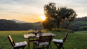 A wooden table with two chairs, a bottle of wine, and a vase with flowers set on a grassy field with a tree and hills in the background. - Il Pratone 12 Emma Villas (Pomarance)