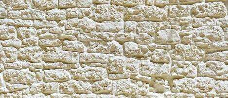 Un mur en pierre à la texture particulière, composé de pierres de formes irrégulières.