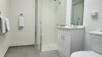 A modern bathroom with a glass shower enclosure, a white sink, and a toilet.