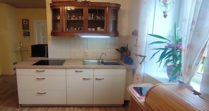 Fridge, microwave, stovetop, coffee/tea maker