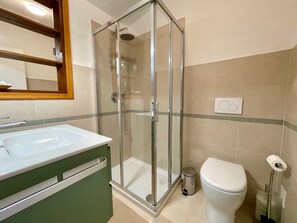 A bathroom with a glass-enclosed shower, a white sink, and a toilet.