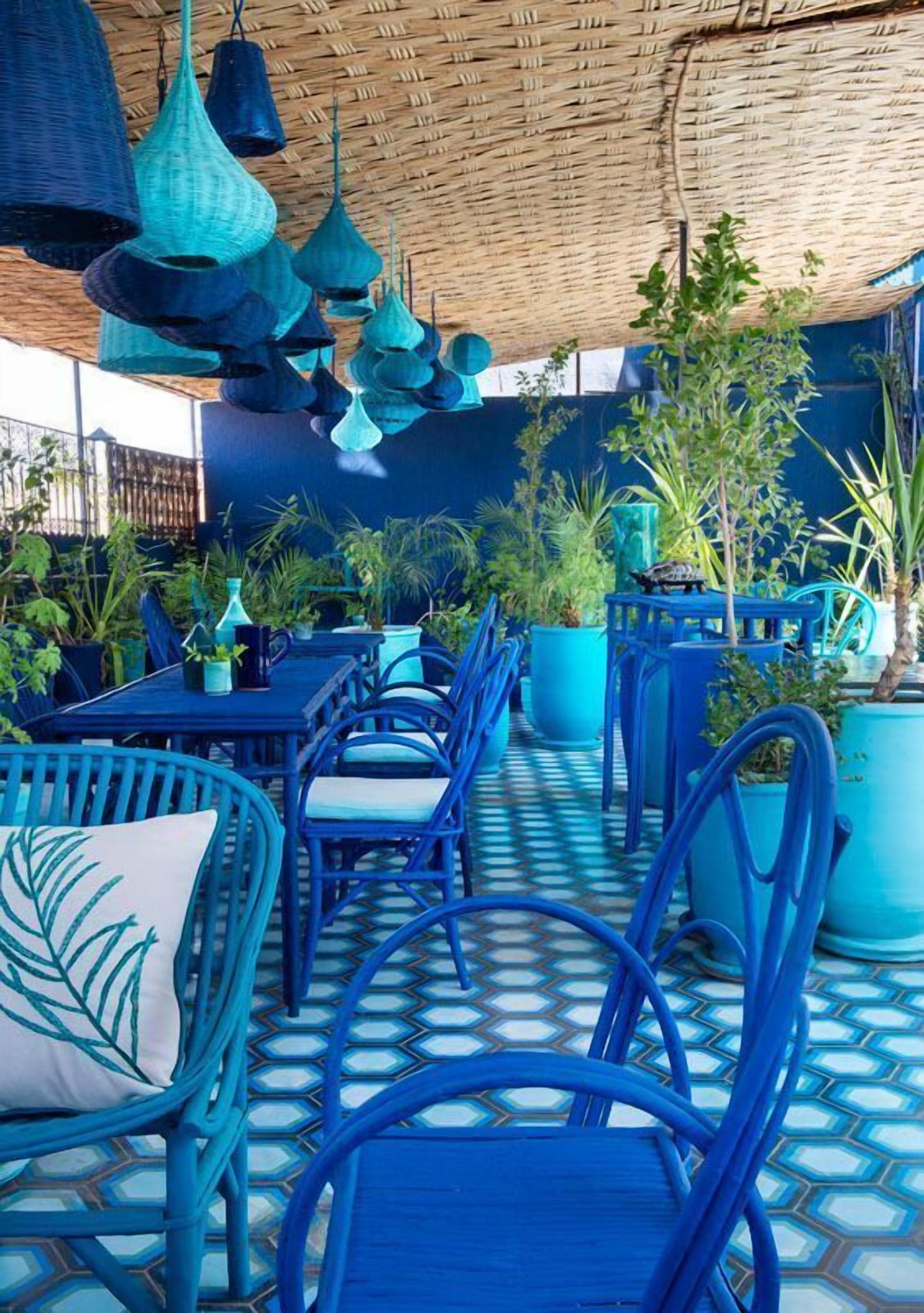 Un espacio al aire libre con mobiliario azul y luces colgantes, rodeado de plantas en macetas.