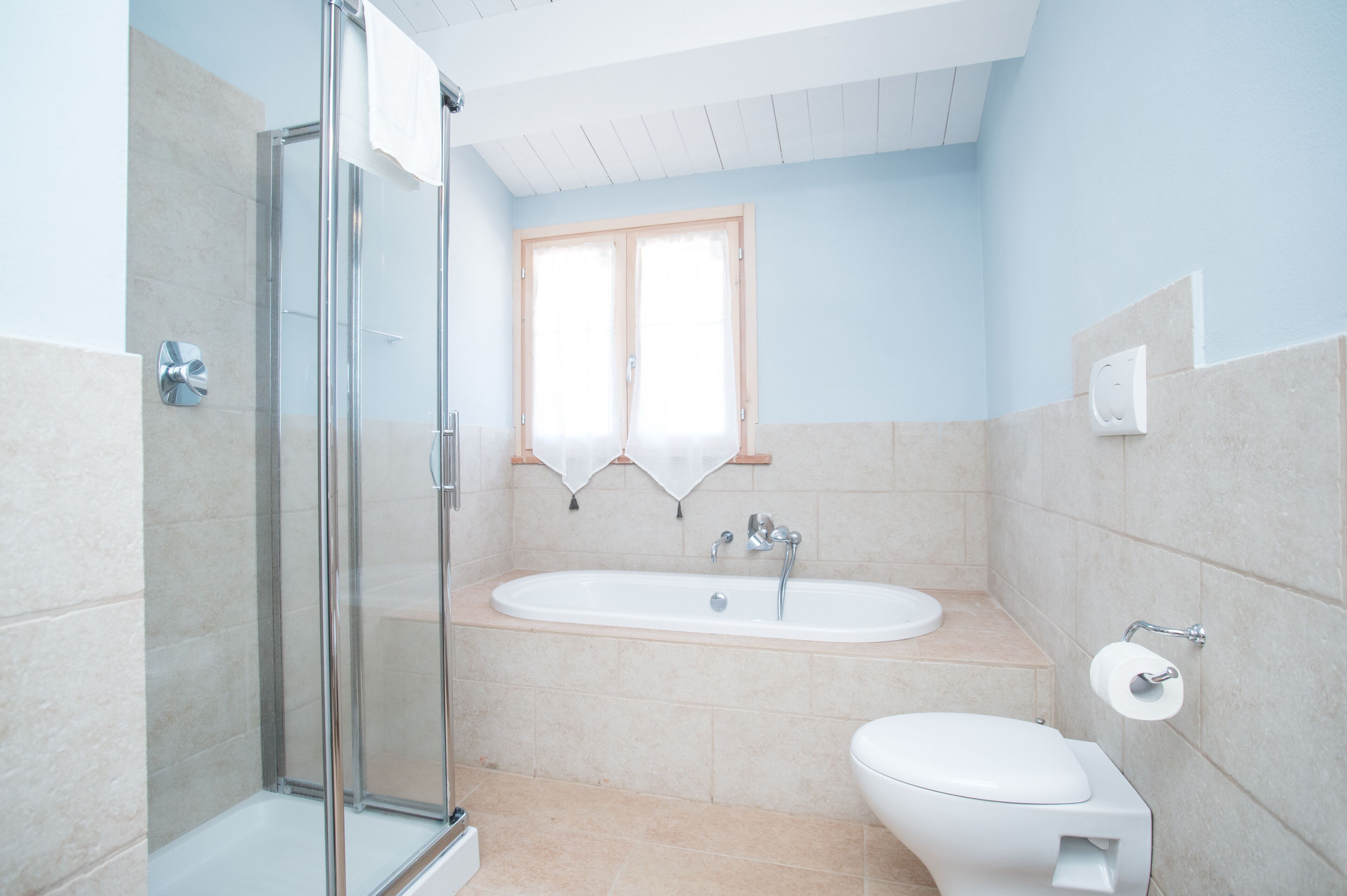 A modern bathroom with a glass-enclosed shower, a freestanding bathtub, and a toilet.