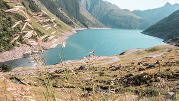 Paesaggio montuoso con un lago, un prato in primo piano e cielo sereno.