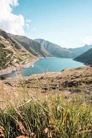 Un paysage montagneux avec un lac, un premier plan verdoyant et un ciel dégagé.
