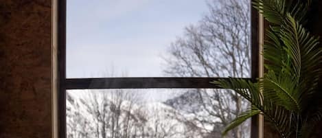 Un bain de vapeur avec vue sur les arbres dénudés à l’extérieur, visibles à travers une fenêtre.