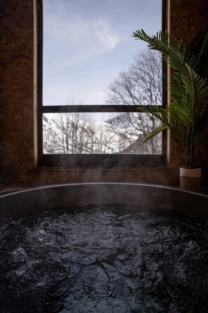 Baño de vapor con vistas a árboles desnudos a través de una ventana.