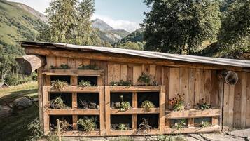 Un rustico chalet di legno con numerose mensole per piante, immerso in una zona montuosa.