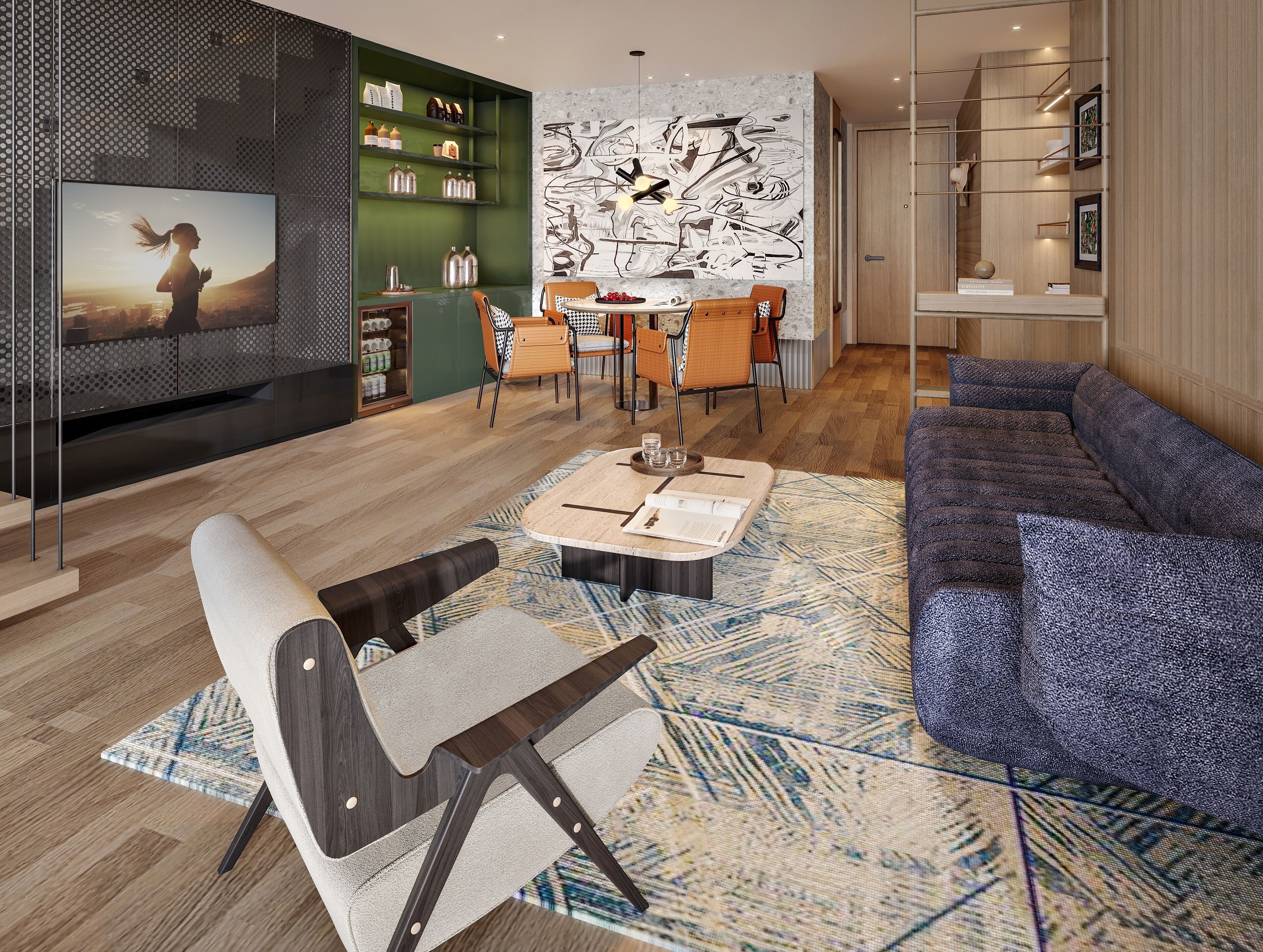A modern living room with a sofa, a coffee table, and a TV. There is a dining area with chairs and a table.
