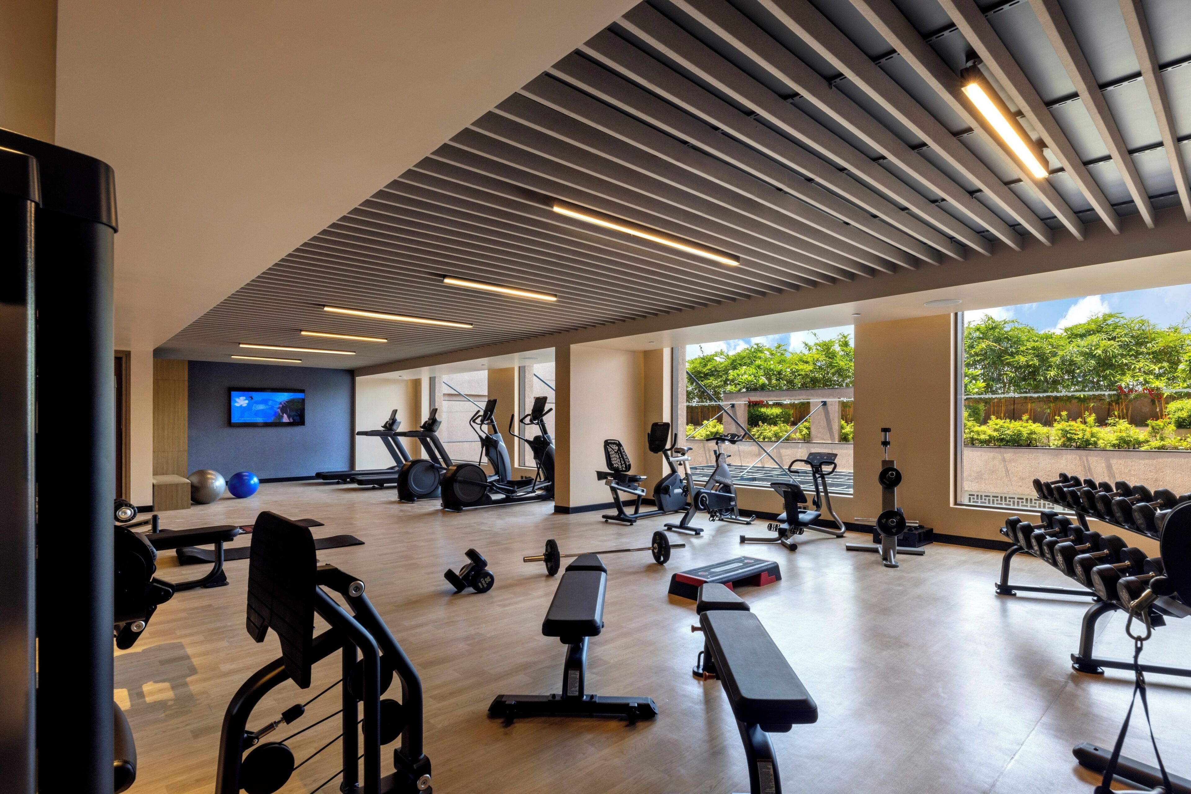 Un gimnasio moderno con diverso equipo de ejercicio, un televisor y grandes ventanales con vistas a zonas verdes.