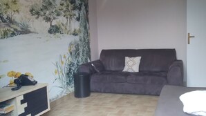 A living room with a dark brown sofa, a small wooden table with a telephone, a black trash bin, and a white cushion on a grey couch.