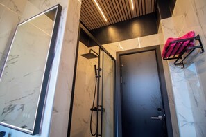 Shower, free toiletries, hair dryer, towels