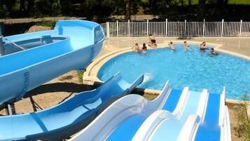 A swimming pool with multiple blue and white water slides.