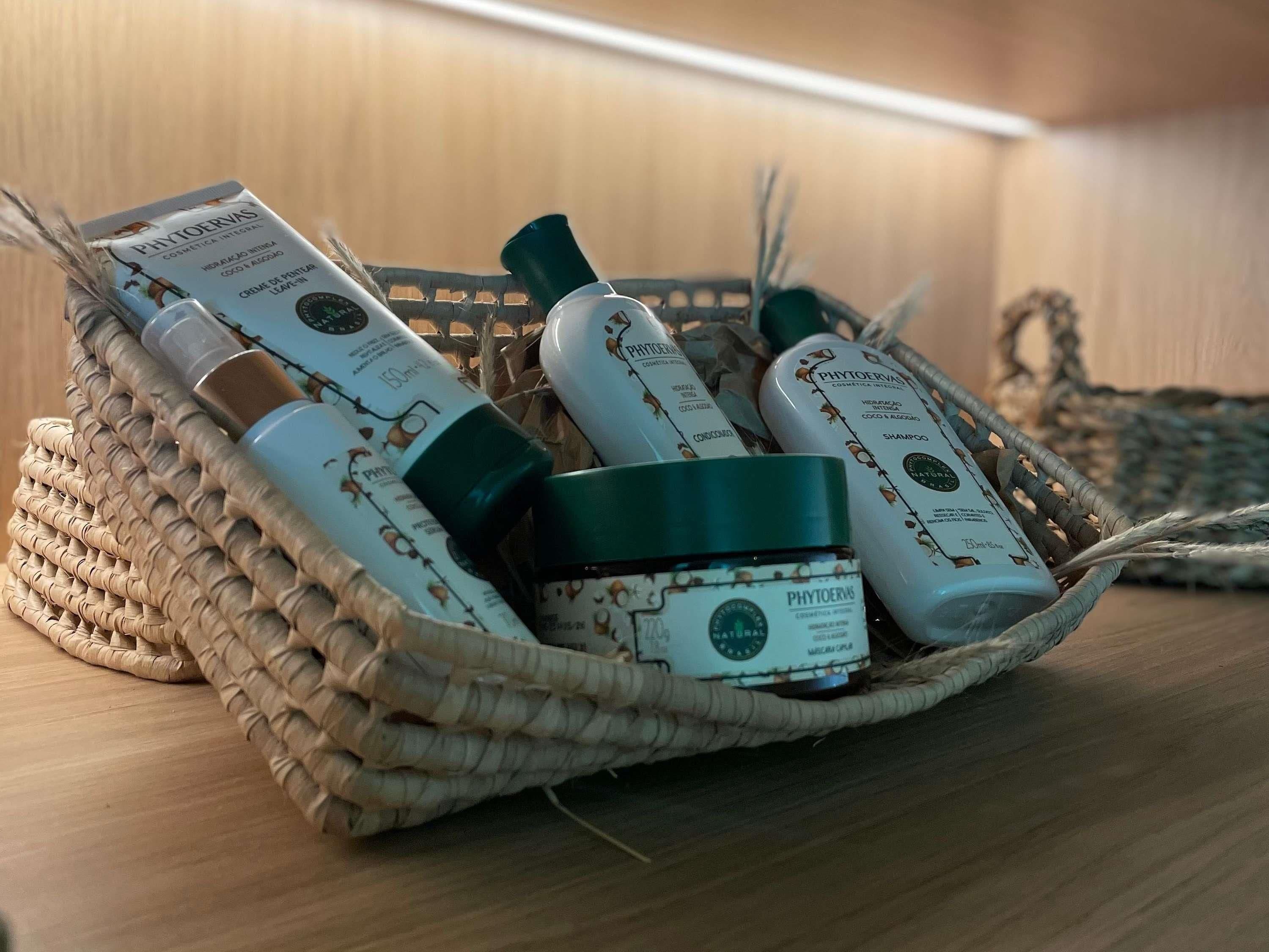 A woven basket containing various skincare products.