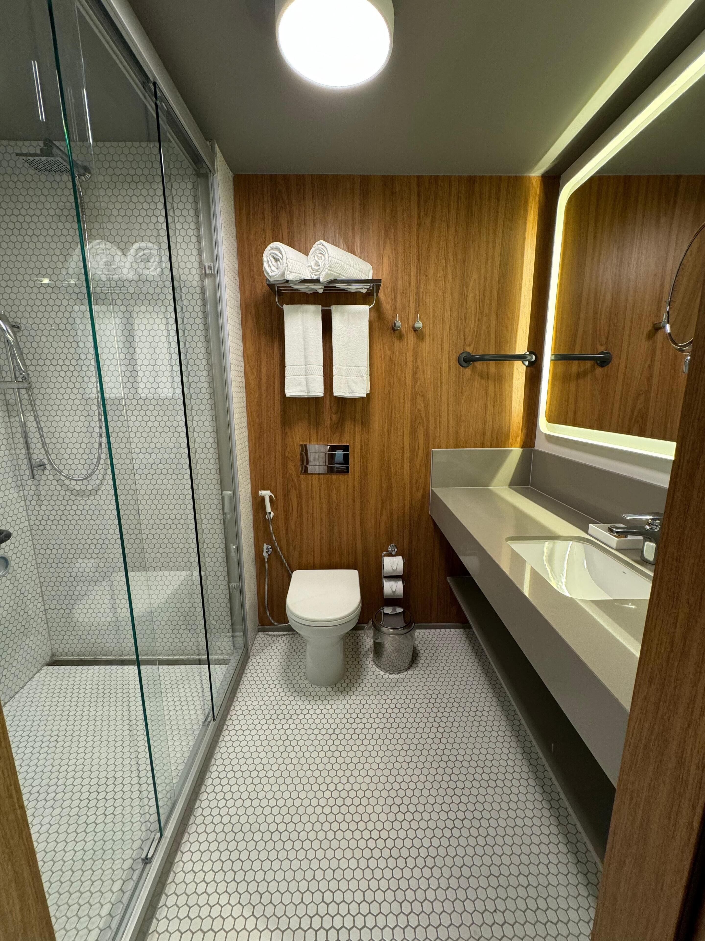 A modern bathroom with a glass shower enclosure, a toilet, and a vanity with a large mirror.