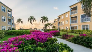 Een hotel met een pad omzoomd door felroze bougainvillea, palmbomen en strakke hagen.