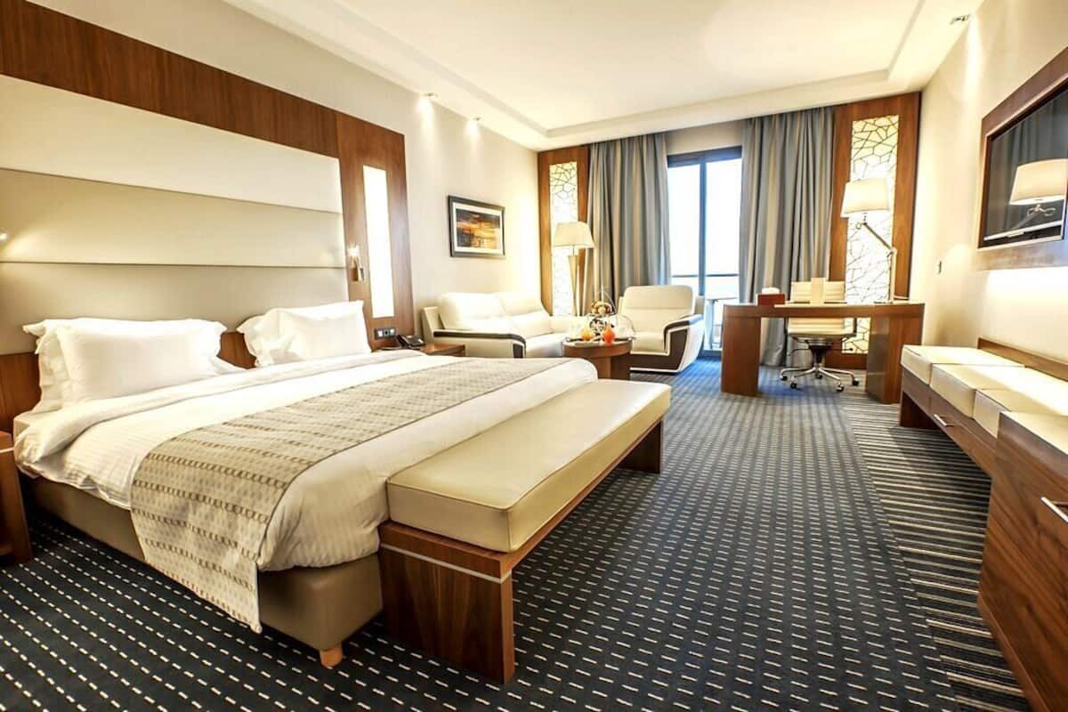 Una habitación de hotel con una cama grande, un escritorio, una silla y un sofá.