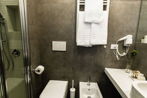 Shower, hair dryer, bidet, towels