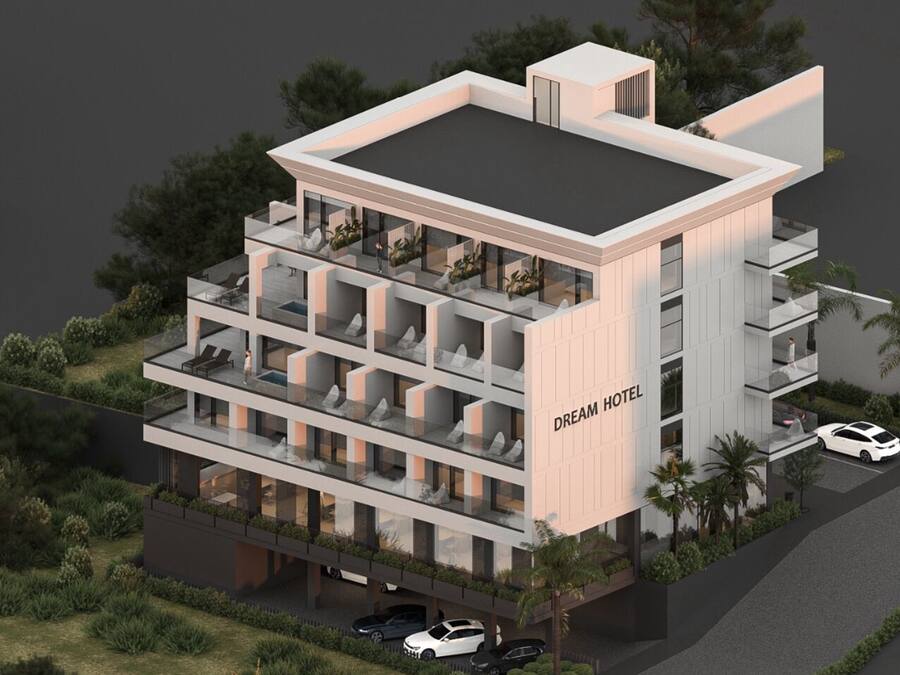 A multi-story hotel with a modern design, featuring balconies, a swimming pool, and a parking area.