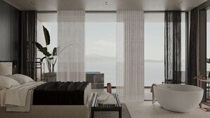 A modern bedroom with a large bed, a bathtub, and a view of the sea. - DREAM HOTEL SARANDA (Sarandë)