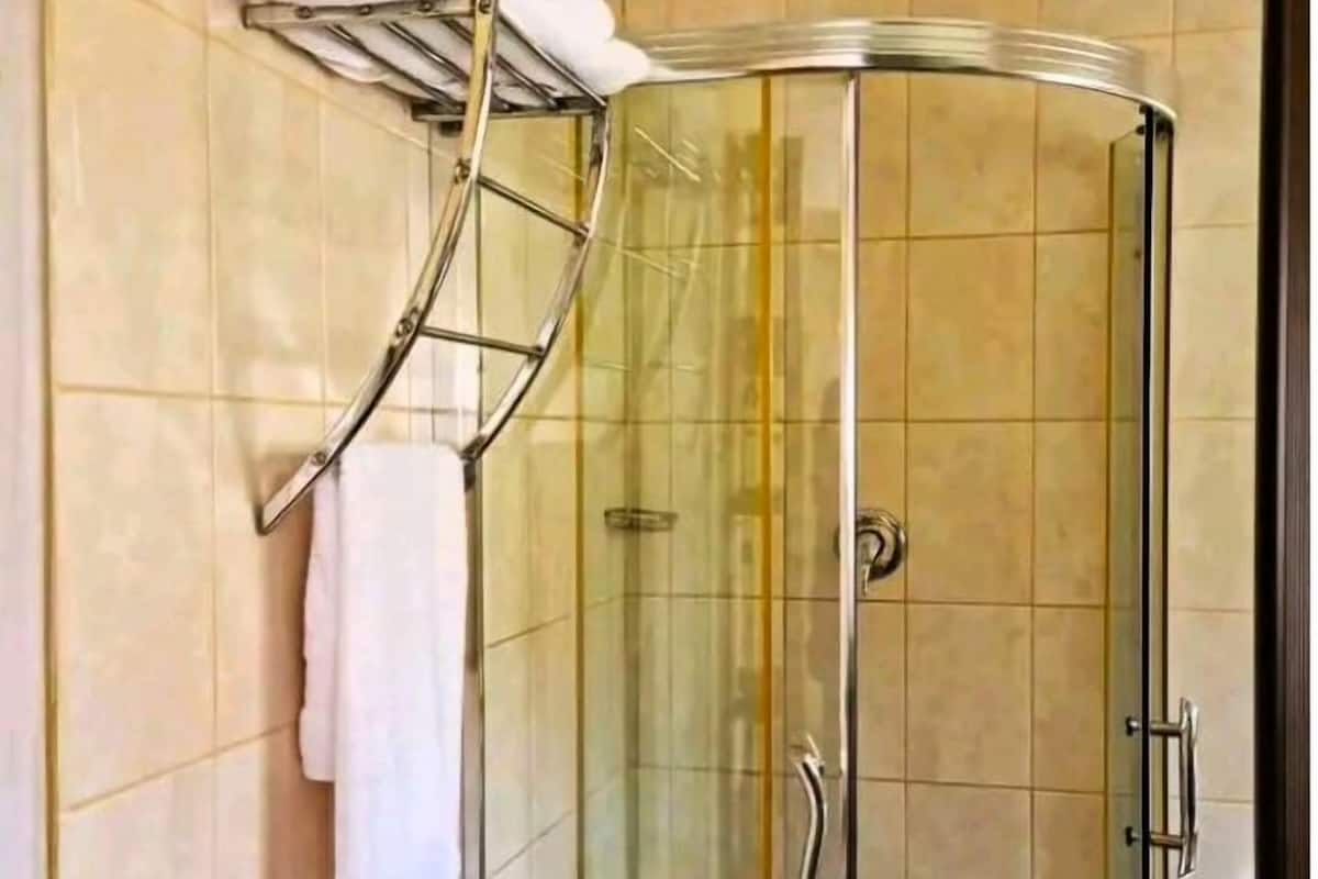 A glass-enclosed shower with a towel rack and a door handle.