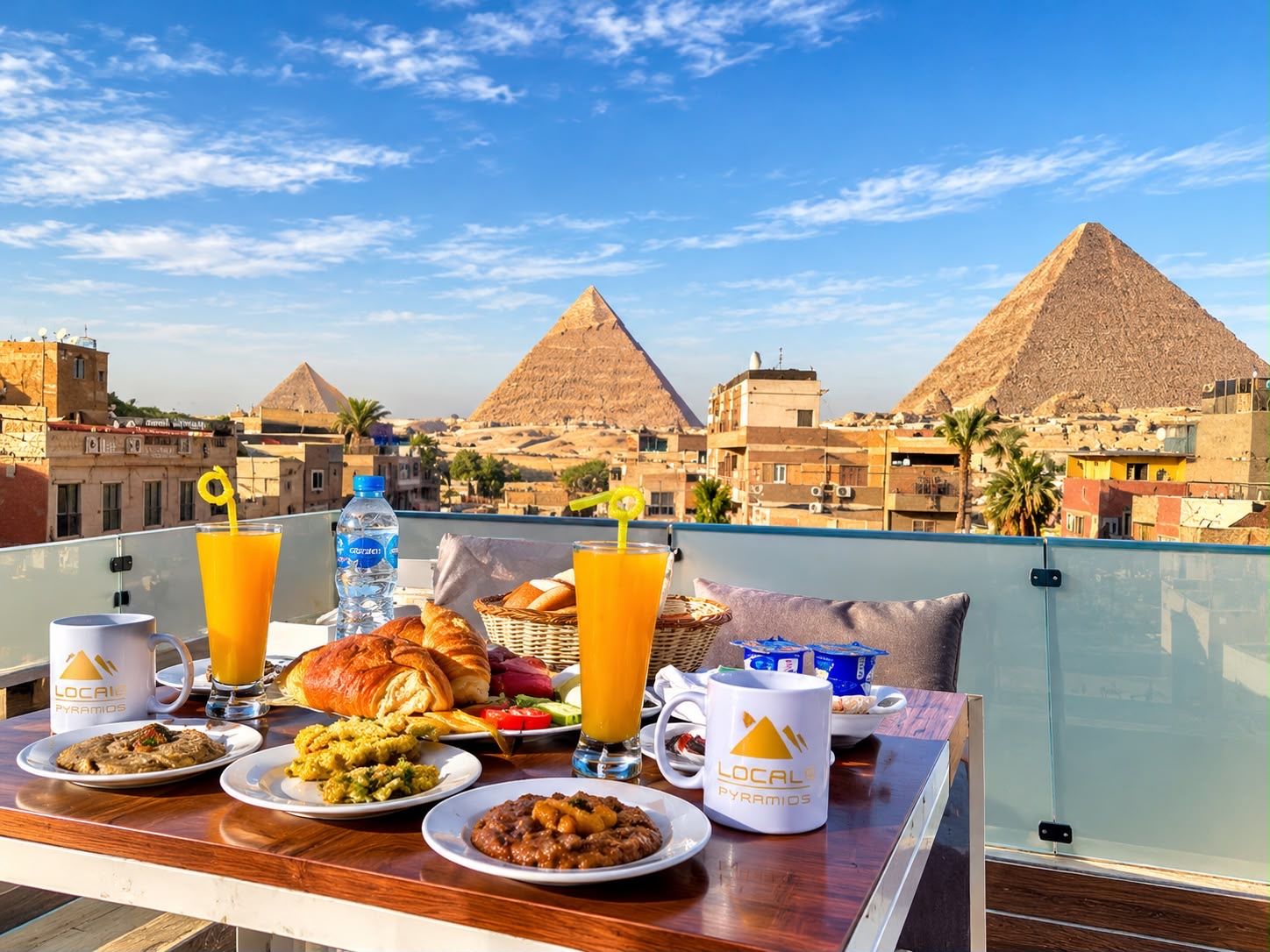 A breakfast table with food and drinks, overlooking the pyramids.
