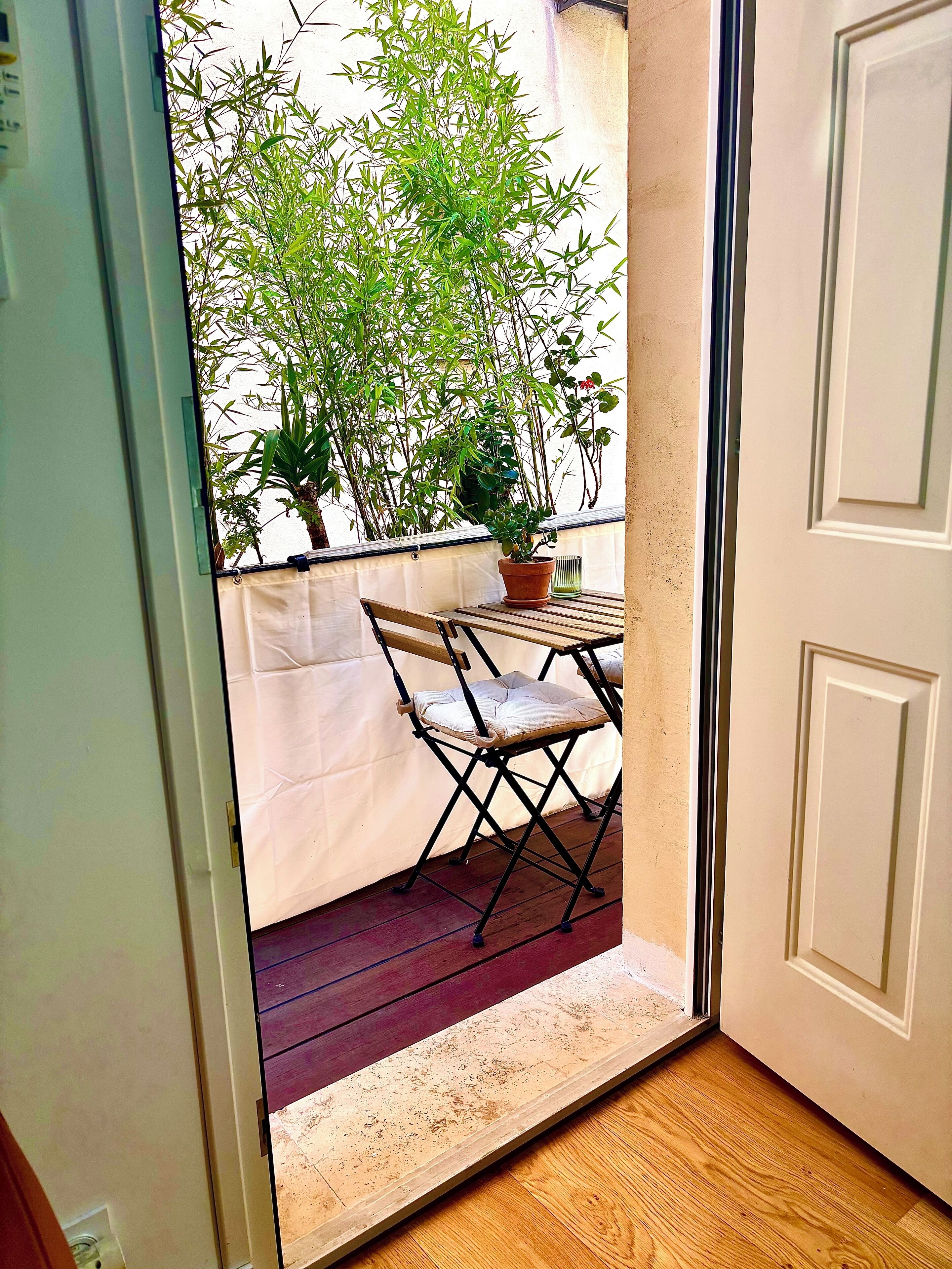 A balcony with a wooden table and chairs, a potted plant, and a view of greenery.