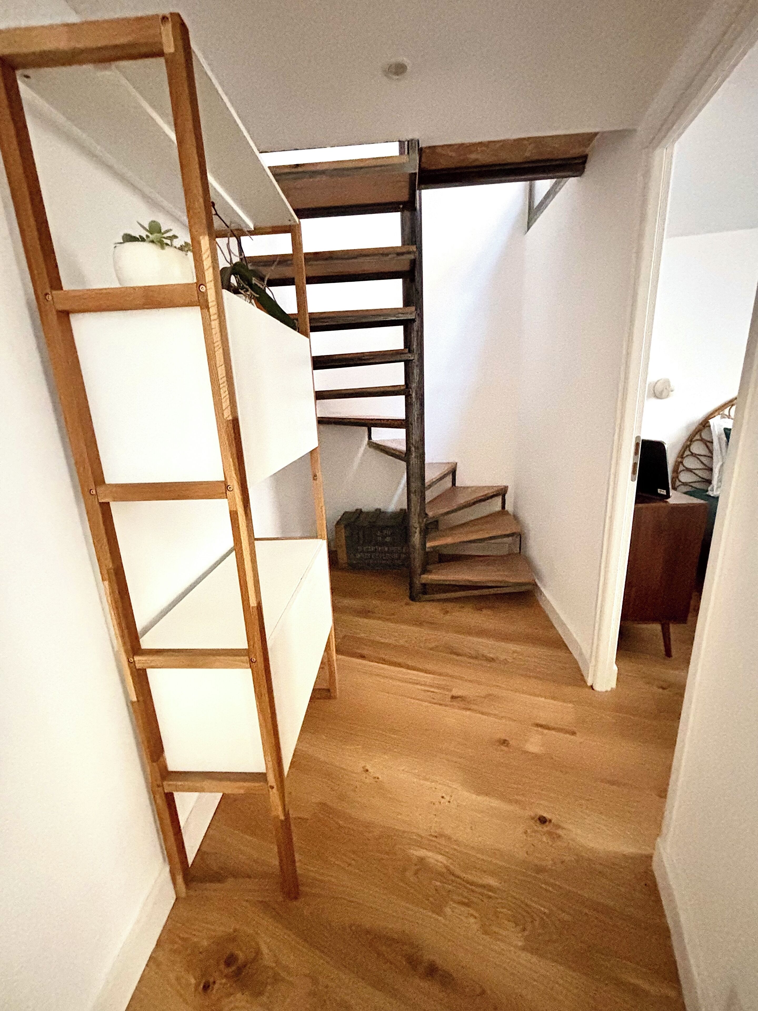 A narrow staircase with wooden steps and a wooden ladder on the left.